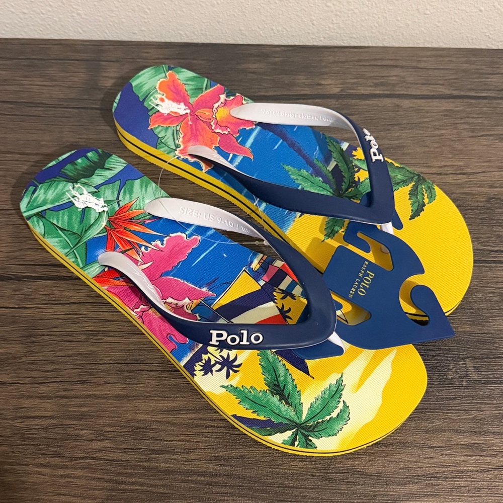 Polo Ralph Lauren Men’s BOLT Tropical Aloha Print Flip Flops Shoes - Picture 2 of 6